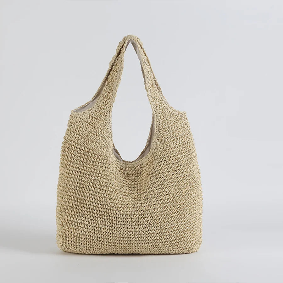 Fashion Straw Shoulder Bag - Genuine Straw Zipper Closure Lightweight Design