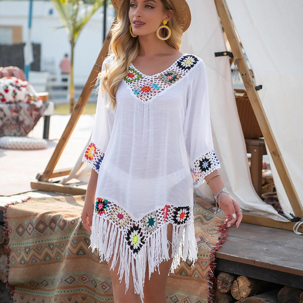 Bikini Cover Up with Fringe Trim - Acrylic Cotton Floral Pattern Boho