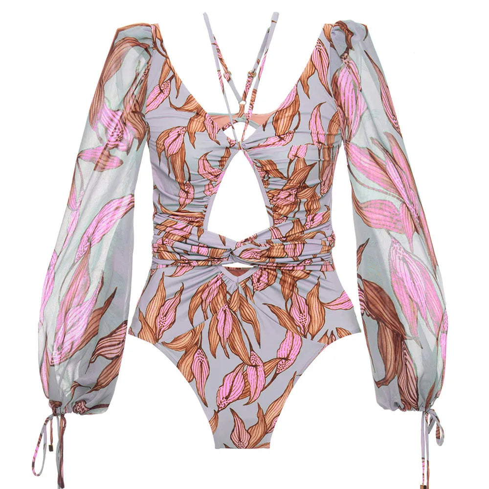 Colourful Print Long Sleeve Swimwear - Polyester Spandex Vibrant Artisan Design